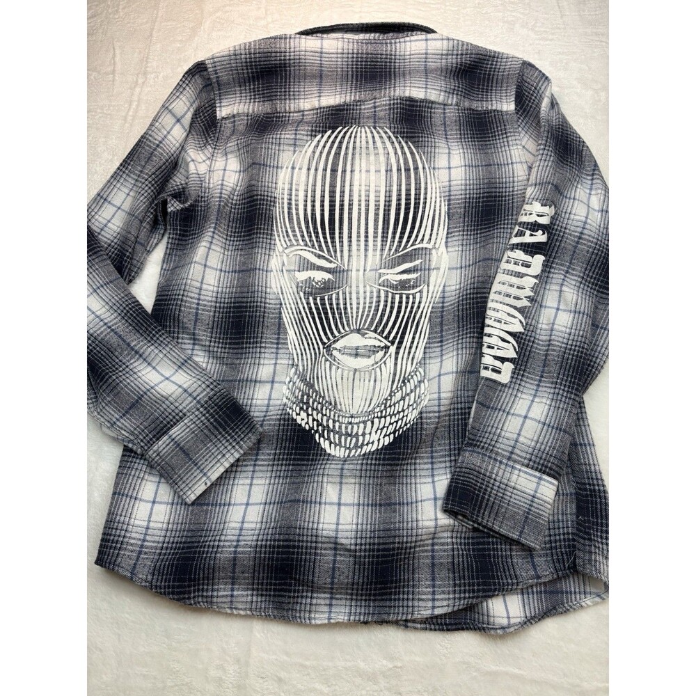 BADWOOD OG Ski Mask Flannel Shirt Size S Blue Plaid Sleeve Hit Logo Unisex Rare